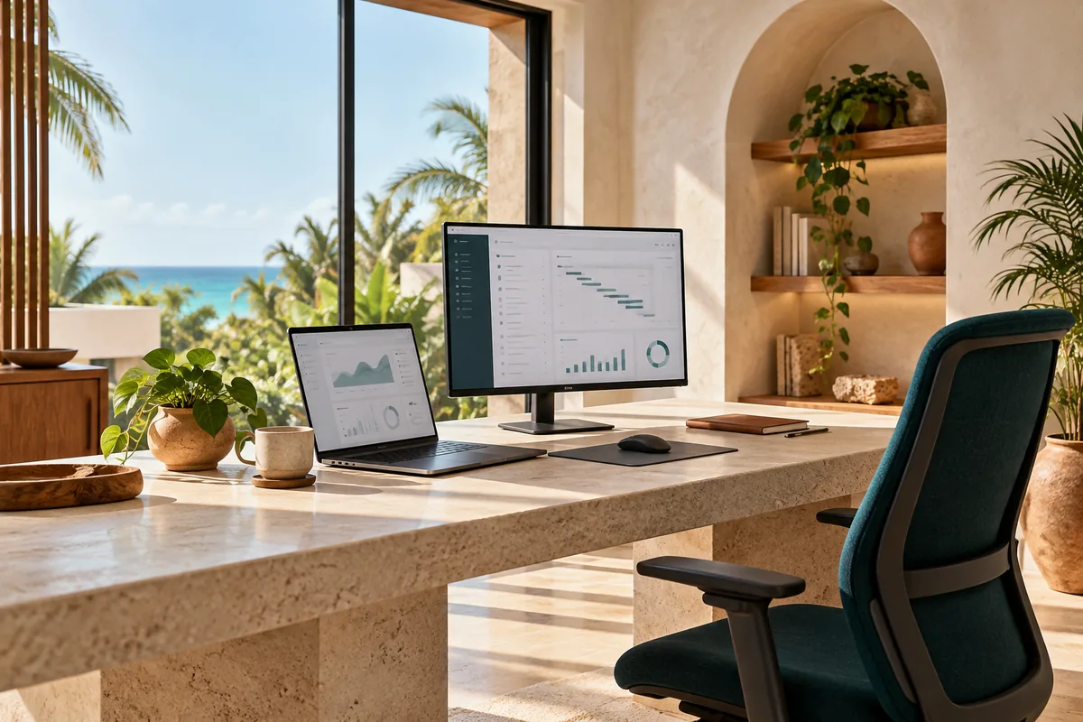 Illustration of a sunlit workspace with a laptop, monitor and a coastal view.